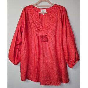 NWOT Pomegranate 100% Linen Split V-Neck Tassels Puffed Sleeve Blouse Top Coral
